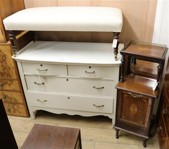 A late Victorian inlaid mahogany purdonium and a Victorian style stained beech stool W.104cm
